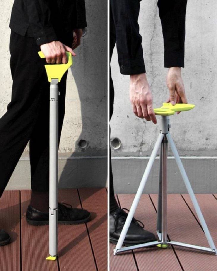Ideas de diseño innovadoras increíbles, dos imágenes, una con un hombre caminando con un bastón y la segunda del bastón transformada en un pequeño asiento portátil