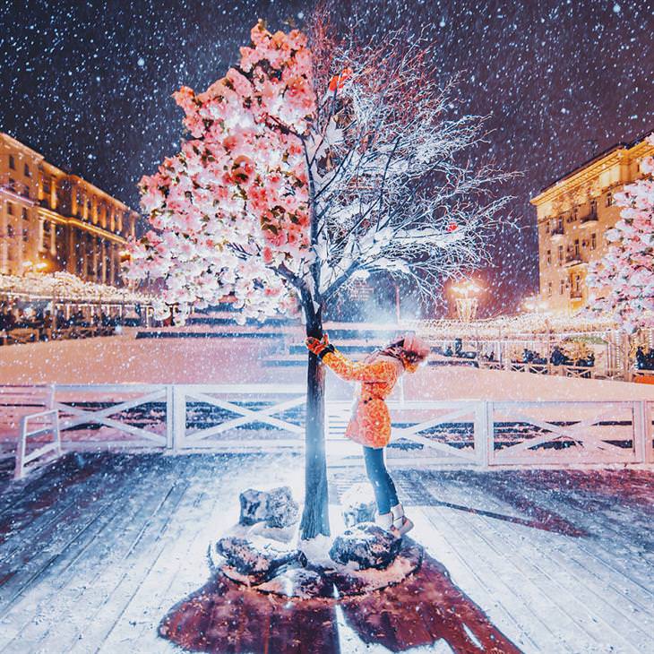 Moscú En Invierno mujer parada debajo de árbol nevando