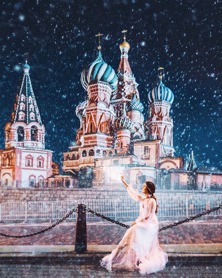 Moscú En Invierno mujer vestida de blanco en Plaza roja