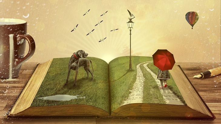 ilustracion libro  perro y niña con paraguas