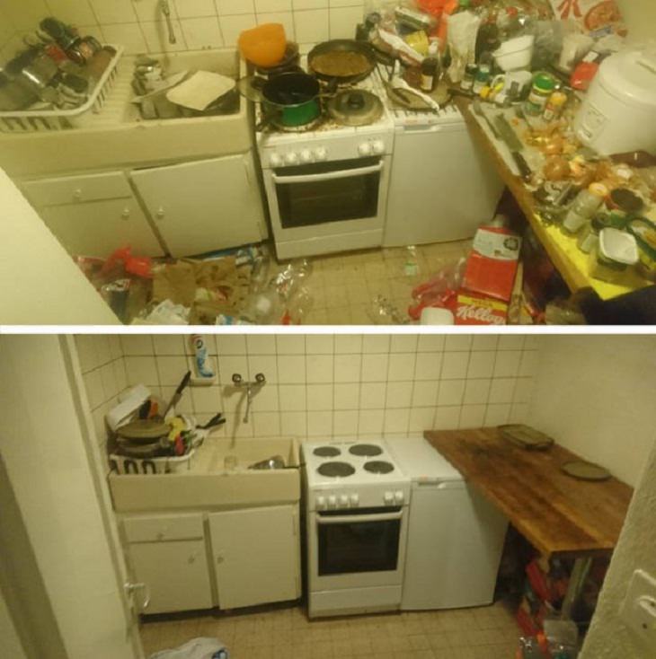 imágenes antes y después de la limpieza Unas pocas horas de trapear y la cocina se ve completamente diferente
