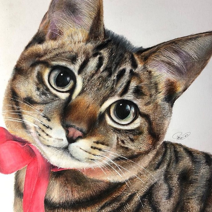 Haruki Kudo pintura gato con lazo rojo