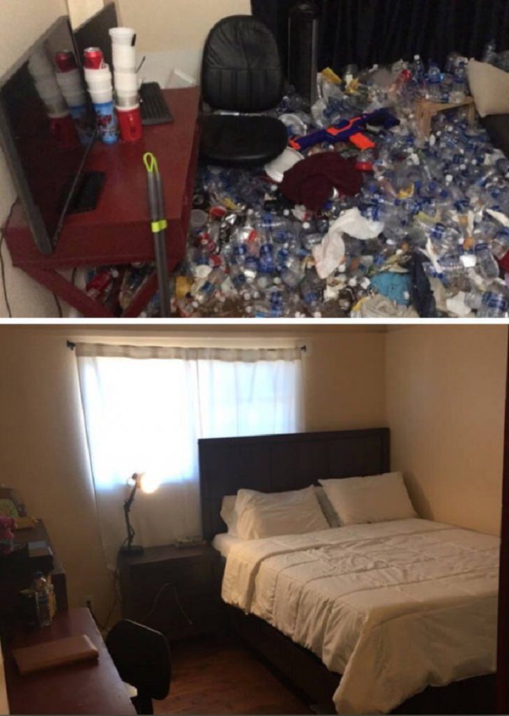 imágenes antes y después de la limpieza Después de dos años de depresión, este tipo finalmente encontró la fuerza para ordenar su habitación. El resultado es notable.