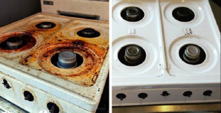 imágenes antes y después de la limpieza A menudo no nos damos cuenta de lo sucia que se ha vuelto la estufa de gas hasta que se limpia bien