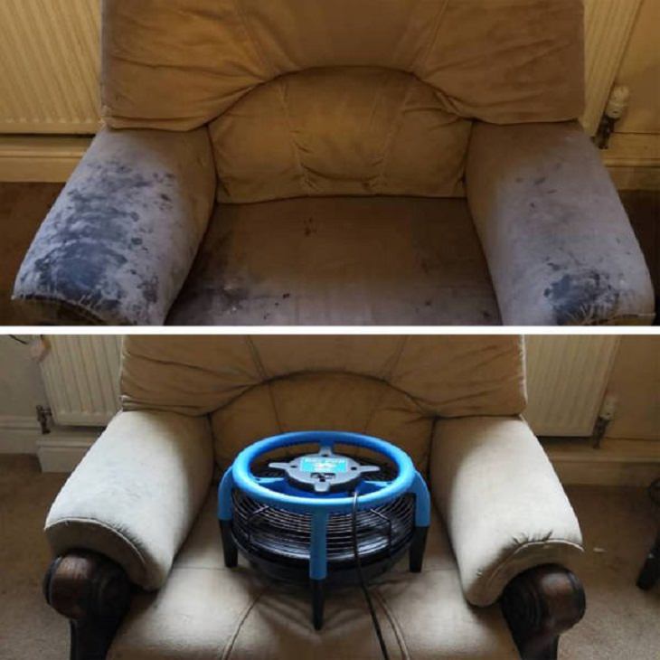 imágenes antes y después de la limpieza Un sillón que se había deteriorado debido a años de negligencia fue restaurado después de limpiarse adecuadamente