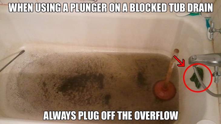 8. Cuando uses un desatacador manual en una bañera obstruida, drena siempre el exceso de agua. 