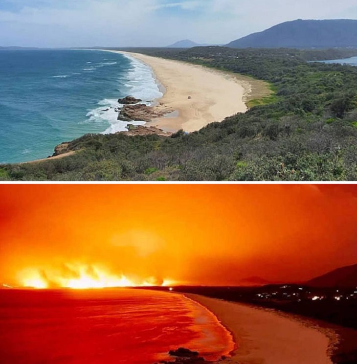  24. Las costas de Port Macquarie 1 semana antes de un incendio forestal (arriba) y durante el incendio forestal (abajo)