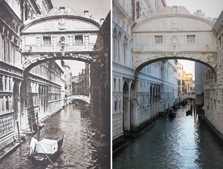 Antes y Ahora: Cómo Han Cambiado 15 Monumentos Europeos Ponte Dei Sospiri, El Puente de los Suspiros en Venecia, Italia (1925 vs. 2018)