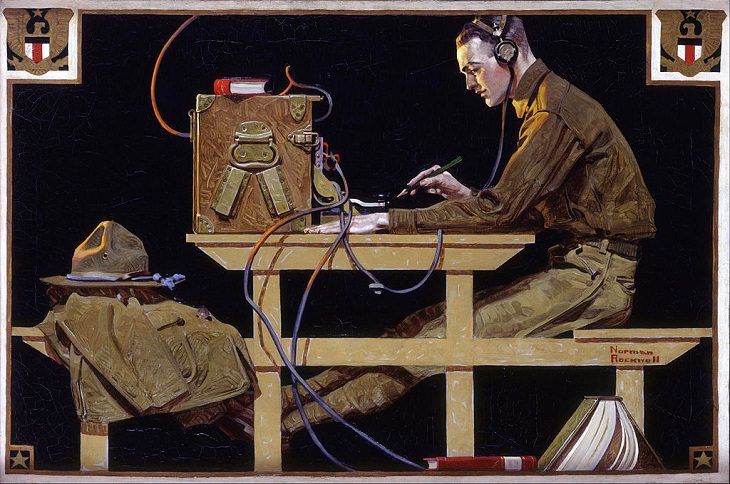 Lesser known paintings and illustrations Por American artist Norman Rockwell, U.S. Army Teaches a Trade (G.I. Telegrapher), 1919