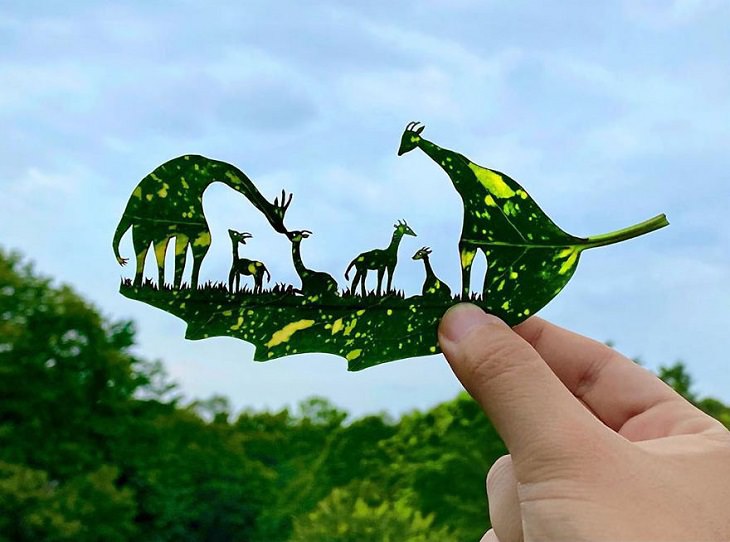 Artista Japonés Recrea Mundos En Miniatura En Hojas De Árbol La estancia infantil para jirafas