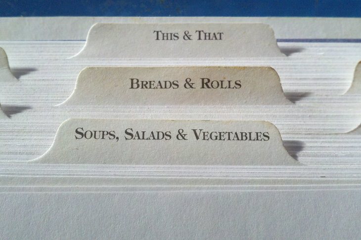 Helpful cooking, baking, and kitchen tips, Folder tab with labels for different recipes