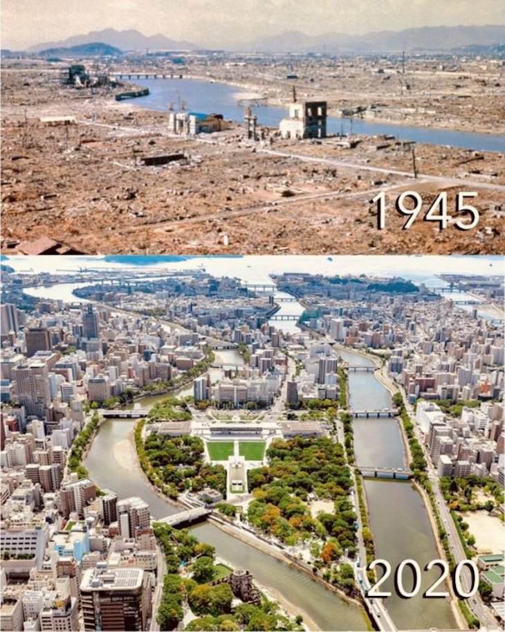 13. Hiroshima, justo después de la bomba atómica frente a cómo se ve menos de un siglo después