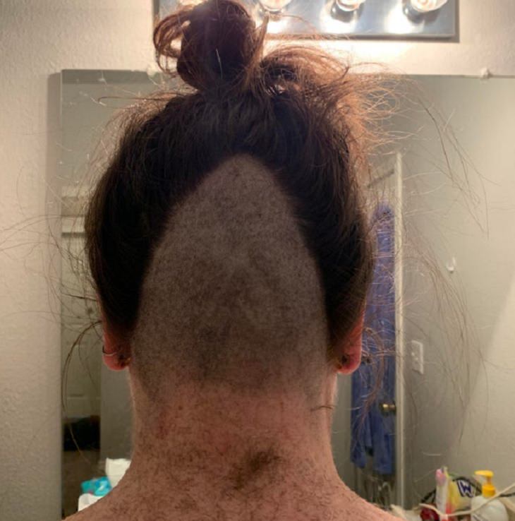 Terrible and bad haircuts that are funny, Back of woman’s neck with large amount of hair cut off
