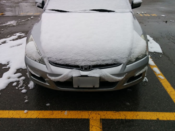Esculturas de nieve accidentales Este auto tiene bigote
