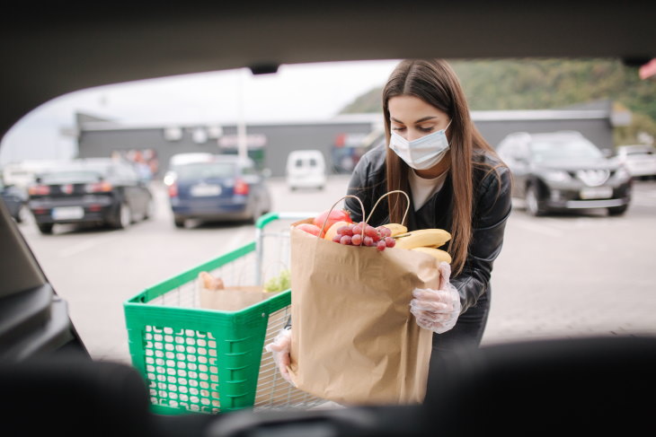 COVID-19 shopping woman loading groceries in the car coronavirus