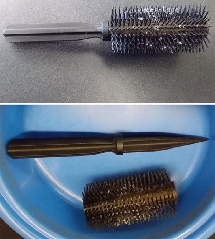 Objetos extraños confiscados en aeropuerto cuchillo adentro de un cepillo para peinar