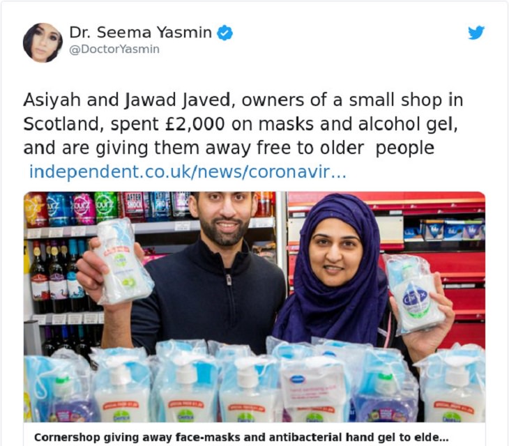 Heroes, positive moments and acts of kindness found all over the world in the midst of the Coronavirus lockdowns, quarantines and self-isolation,This couple that own a small shop in Scotland masks and alcohol gel free to elderly people