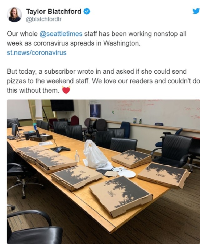 Heroes, positive moments and acts of kindness found all over the world in the midst of the Coronavirus lockdowns, quarantines and self-isolation,A subscriber to a newspaper in Seattle sent the hard-working staff pizzas after they had spent a long week covering the spread of the coronavirus in their state