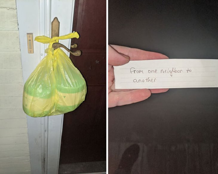 Heroes, positive moments and acts of kindness found all over the world in the midst of the Coronavirus lockdowns, quarantines and self-isolation,This single struggling mom was touched to find a bag of toilet paper roll on her front door and a kind note from her neighbor