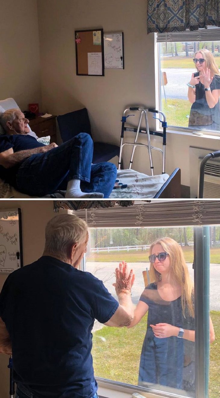 Heroes, positive moments and acts of kindness found all over the world in the midst of the Coronavirus lockdowns, quarantines and self-isolation,This young lady wanted to share her engagement news with her grandfather, regardless of the coronavirus