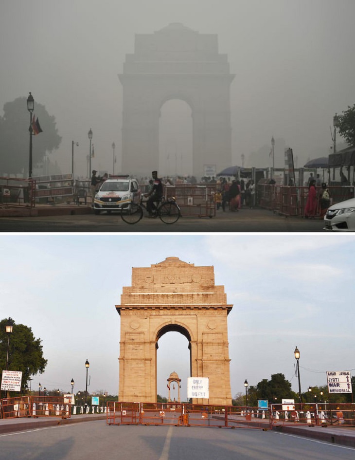 imágenes de ciudades antes y durante la cuarentena Puerta de la India, Nueva Delhi,