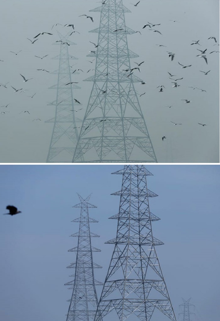 imágenes de ciudades antes y durante la cuarentena Torres de electricidad, Nueva Delhi, India 