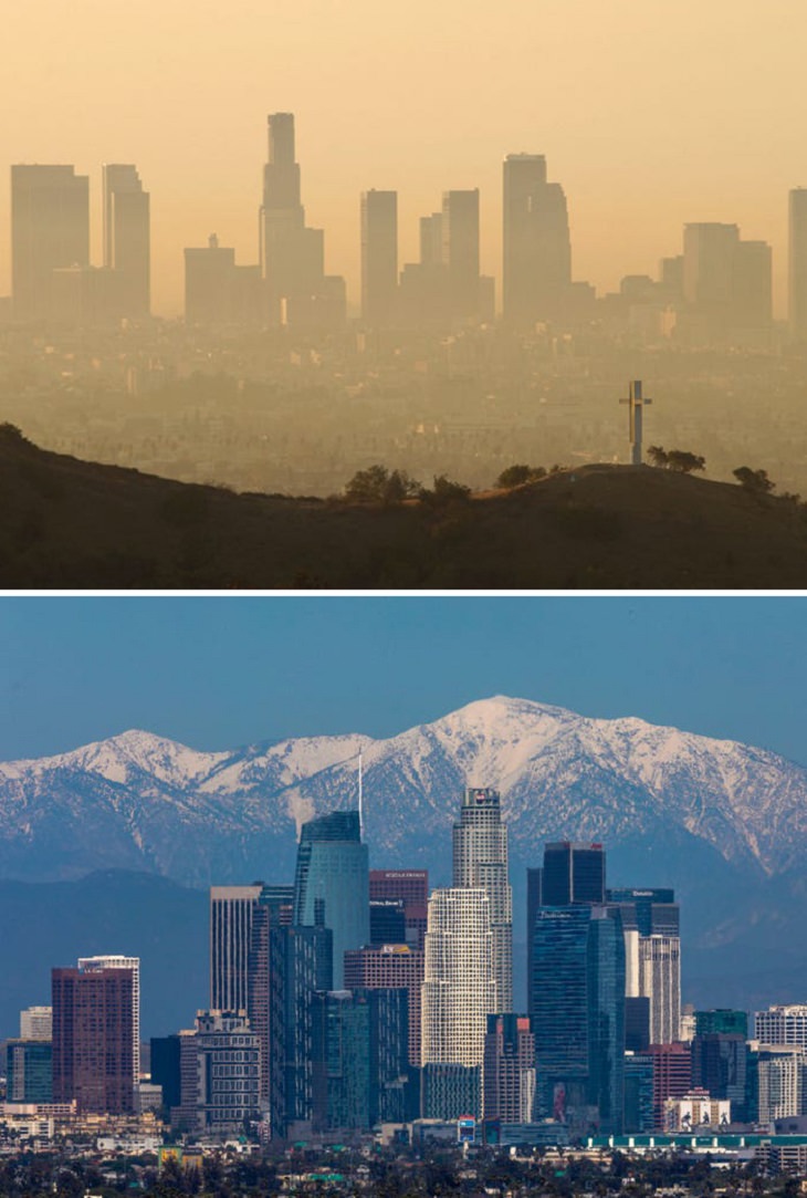 imágenes de ciudades antes y durante la cuarentena Los Angeles, California