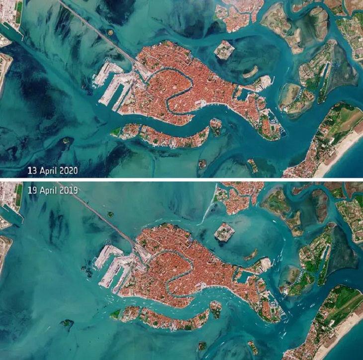 imágenes de ciudades antes y durante la cuarentena Lagunas de Venecia Italia