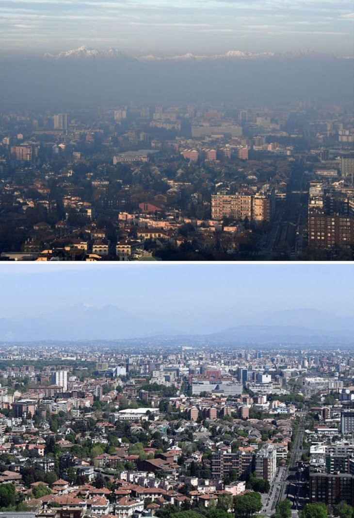 imágenes de ciudades antes y durante la cuarentena Milán Italia