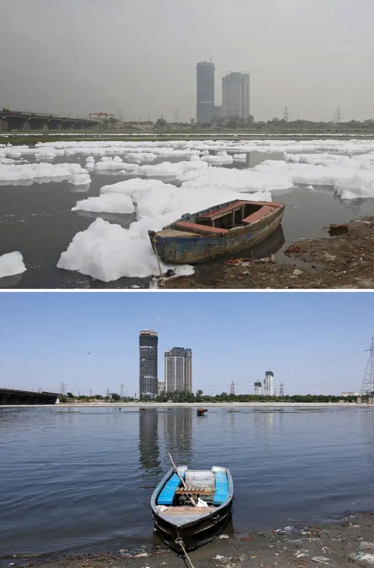 imágenes de ciudades antes y durante la cuarentena Río Yamuna Nueva Delhi India