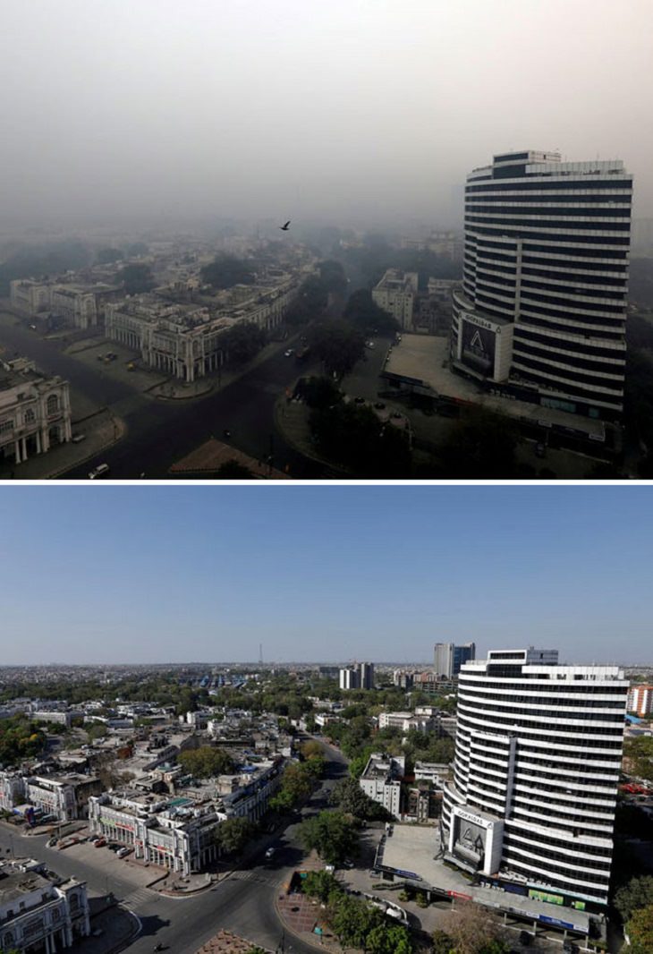 imágenes de ciudades antes y durante la cuarentena  Nueva Delhi