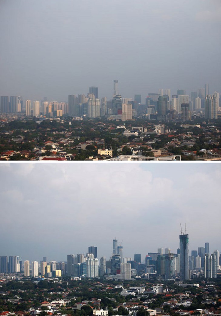 imágenes de ciudades antes y durante la cuarentena Yakarta Indonesia