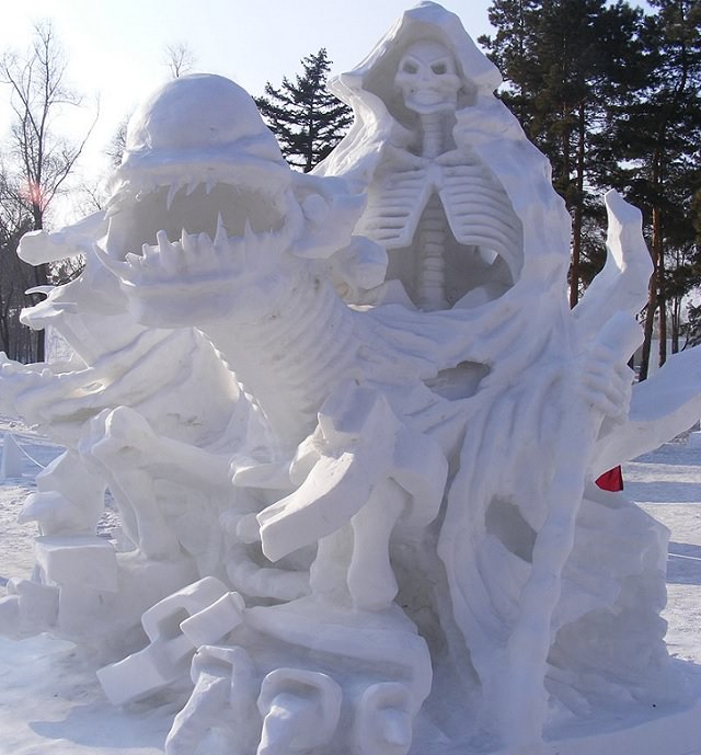 Snow Sculptures and Statues from Festival, This depiction of Death, made out of snow, one of the exhibits at the Snow World exhibition on Sun Island in Harbin, China