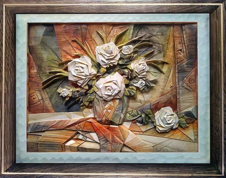 Arte en madera de Evgeny Dubovik ramo de rosas