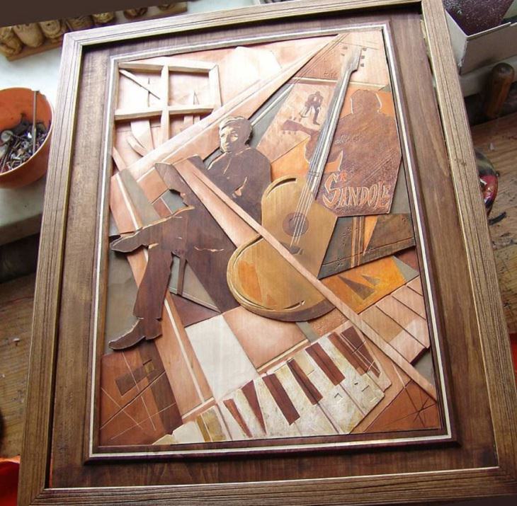 Arte en madera de Evgeny Dubovik tributo a músico del jazz Dennis Sandole