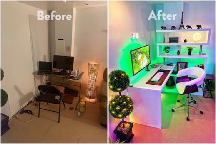 Antes y Después de renovaciones caseras oficina en casa colorida