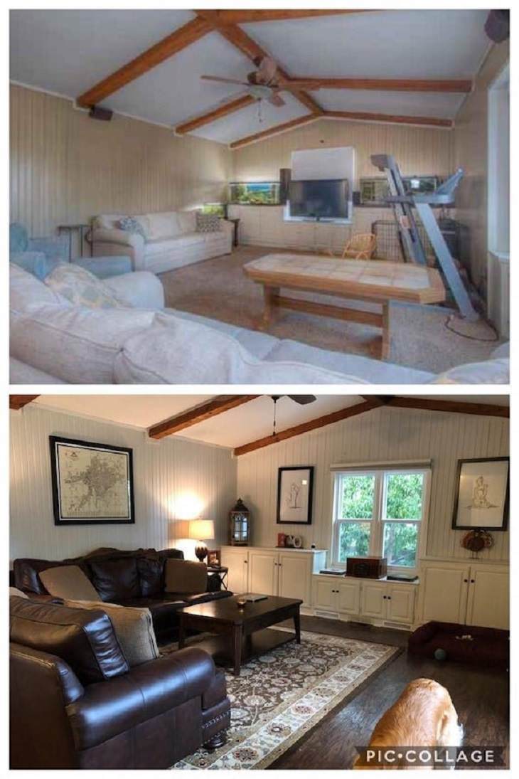 Antes y Después de renovaciones caseras uso óptimo del espacio en la sala de estar