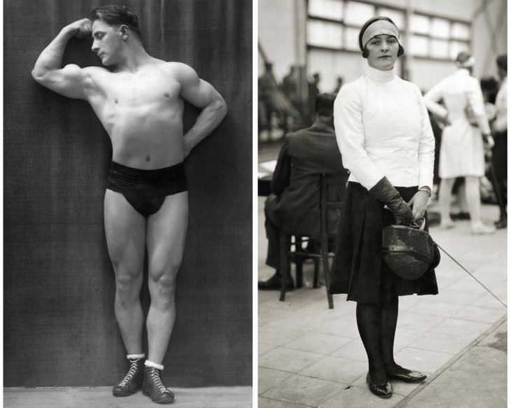 12. Izquierda: campeón olímpico de pesas Roger Francois, año desconocido. Derecha: una esgrimista olímpica no identificada posa para un retrato, hacia 1900