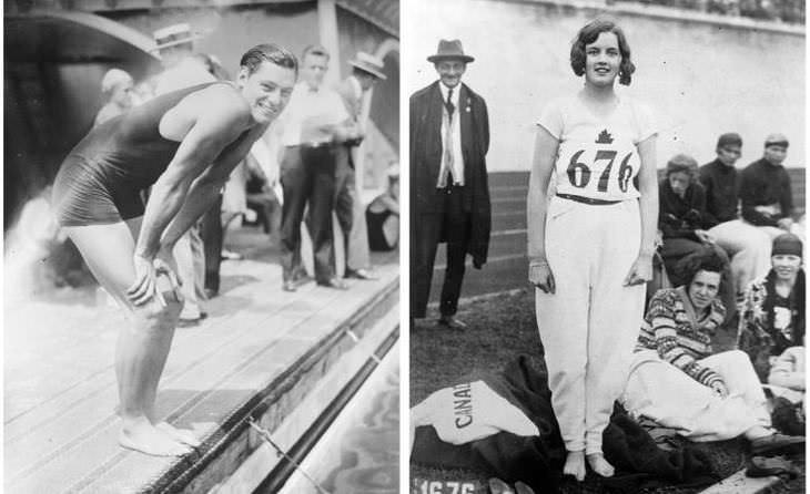  Izquierda: el nadador estadounidense Johnny Weissmuller se prepara para competir en los Juegos Olímpicos de verano de 1928 en Amsterdam. Derecha: la atleta canadiense Ethel Catherwood posa para una foto después de ganar el salto de altura femenino en los Juegos Olímpicos de verano de 1928 en Amsterdam
