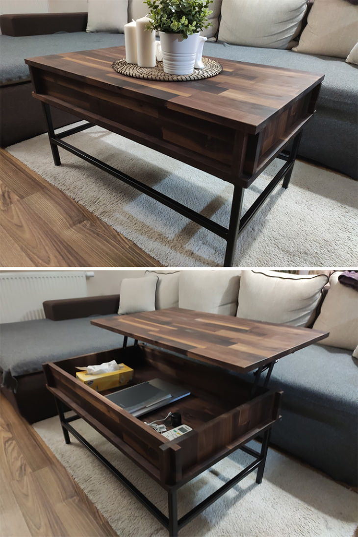 12. "No tenemos espacio para una mesa de comedor en nuestro apartamento, por lo que he hecho una mesa elevable de nogal"