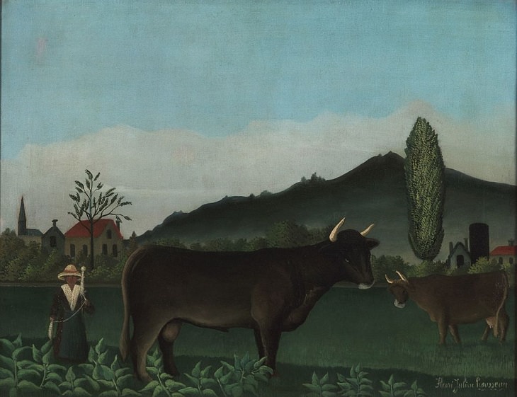 Impressionist, Naive and primitive style paintings from 19th Century French Artist Henri Rousseau, known for his jungle scenes, landscapes and still-lifes, Landscape with Cattle, 1886, now in the Philadelphia Museum of Art