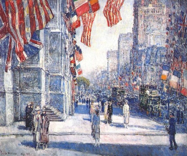 El Arte Impresionista De Childe Hassam temprano en la mañana en la avenida en mayo 1917