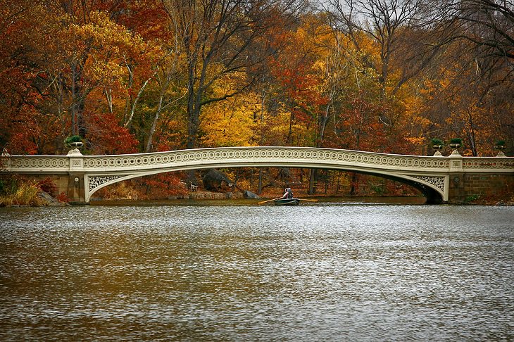 Interior del Central Park en Nueva York Puente Bow (originalmente puente No. 5), que se encuentra en la sección sur del lago Central Park, y es uno de los 39 puentes en el parque