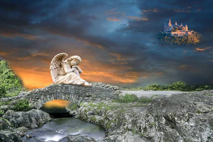 fantasy angel sitting on bridge