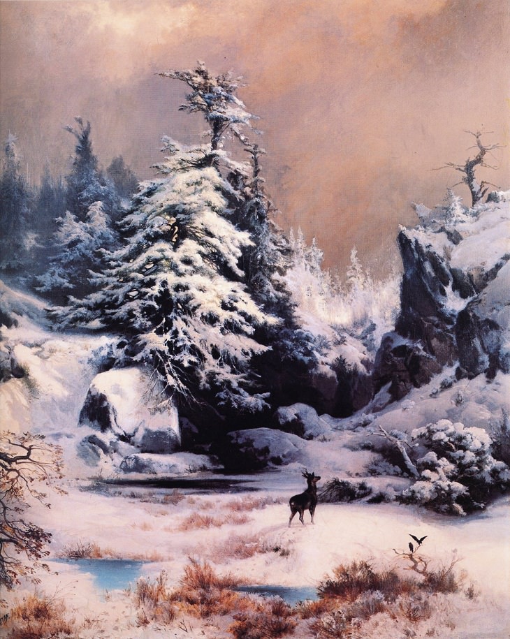Pinturas de Thomas Moran Invierno en las montañas rocosas (1867)