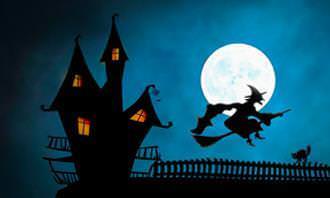 cartoon of Witch flying on a broom in a full moon near a castle