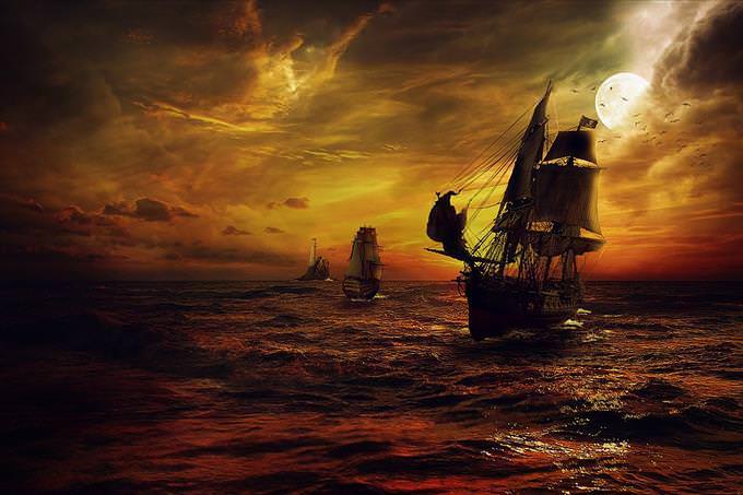 pirate ships at dusk