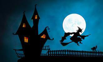 cartoon of Witch flying on a broom in a full moon near a castle