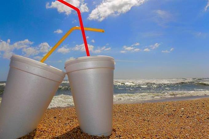 two Styrofoam cups on a beach