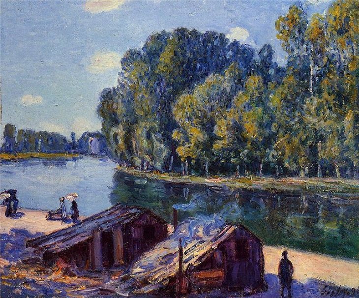 20 Bellas Obras Del Arte Impresionista De Alfred Sisley Cabañas a lo largo del canal Loing, efecto de luz solar, 1896